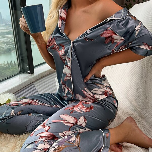 Women Satin Pajamas Silk Floral Printing Lapel Button Shirt With Trousers Pajama Set Nightwear Pyjama Sleepwear Pijama Mujer