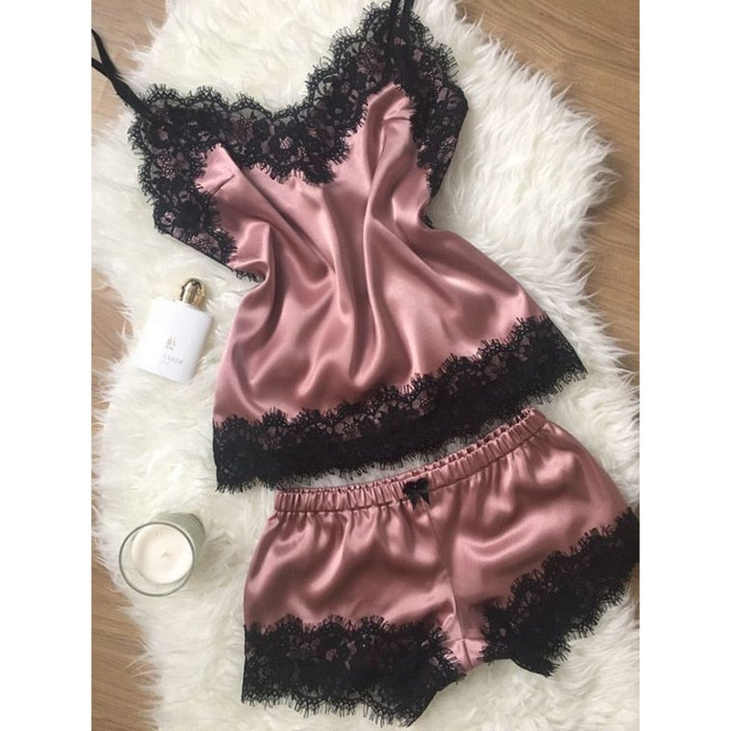 New Arrivals Sexy Lace Satin Pajama Sets Women&#39;s Sleepwear Sleeveless Tops+Shorts Sets Pyjama Sets For Women Pijama Nightwear