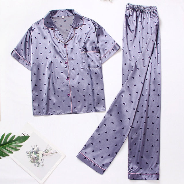 Women Satin Pajamas Silk Floral Printing Lapel Button Shirt With Trousers Pajama Set Nightwear Pyjama Sleepwear Pijama Mujer