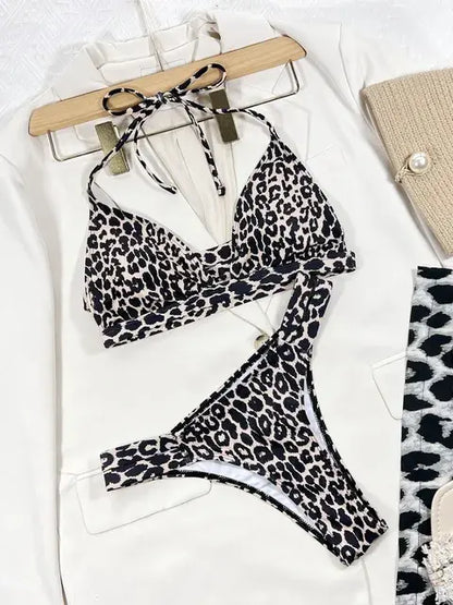 Strappy Halter Leopard Swimsuit