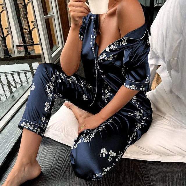 Women Satin Pajamas Silk Floral Printing Lapel Button Shirt With Trousers Pajama Set Nightwear Pyjama Sleepwear Pijama Mujer