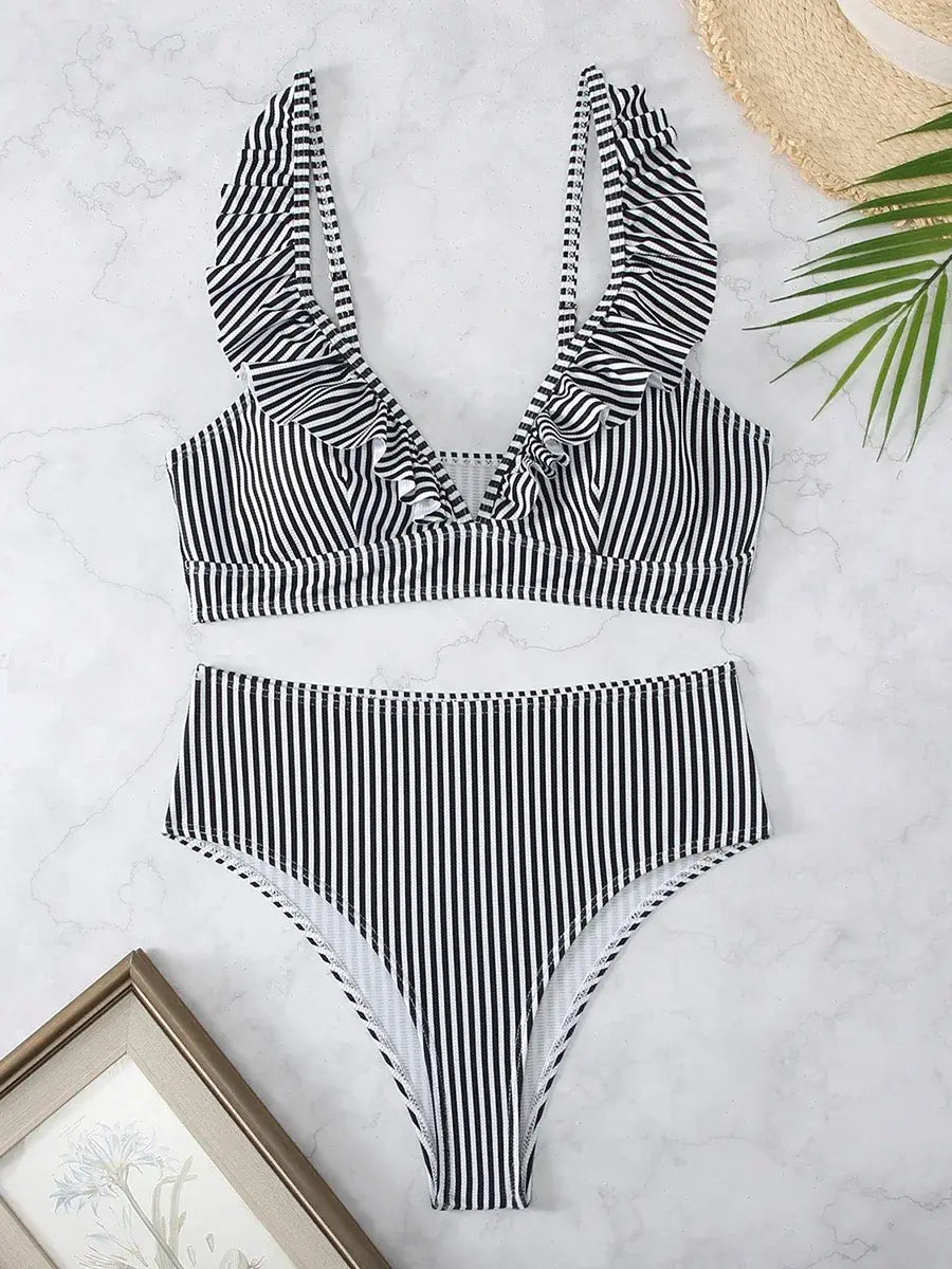 Striped Ruffle Bikini Swimsuit