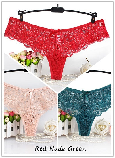 Set of 3 Sexy Lace Thongs G-Strings Low-Rise Panties - Qetesh Lingerie