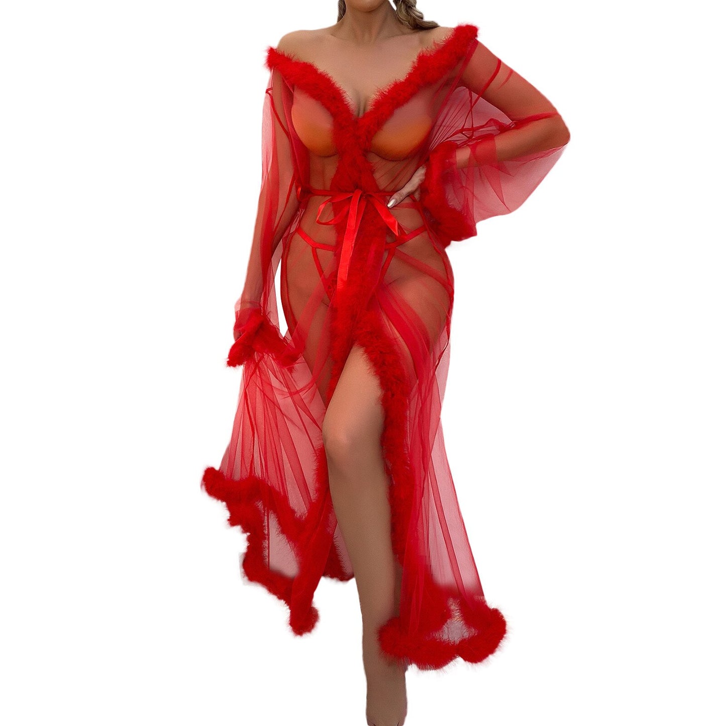 Mesh Sheer Long Kimono Robe - Qetesh Lingerie