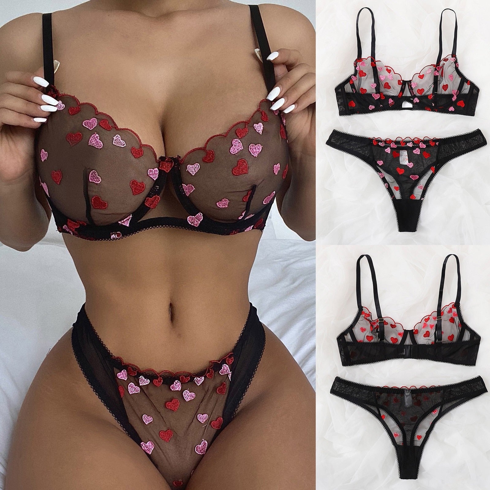 Love Embroidery Bra And Panty Set - Qetesh Lingerie