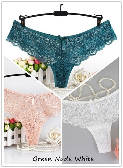 Set of 3 Sexy Lace Thongs G-Strings Low-Rise Panties - Qetesh Lingerie