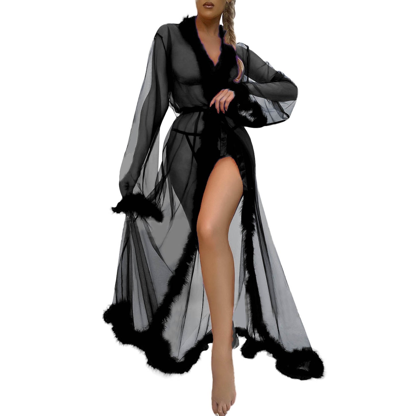 Mesh Sheer Long Kimono Robe - Qetesh Lingerie