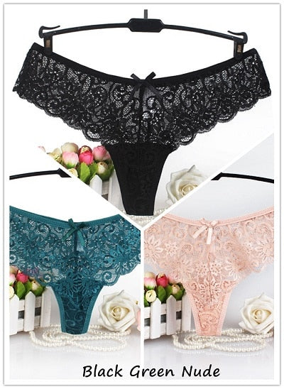 Set of 3 Sexy Lace Thongs G-Strings Low-Rise Panties - Qetesh Lingerie