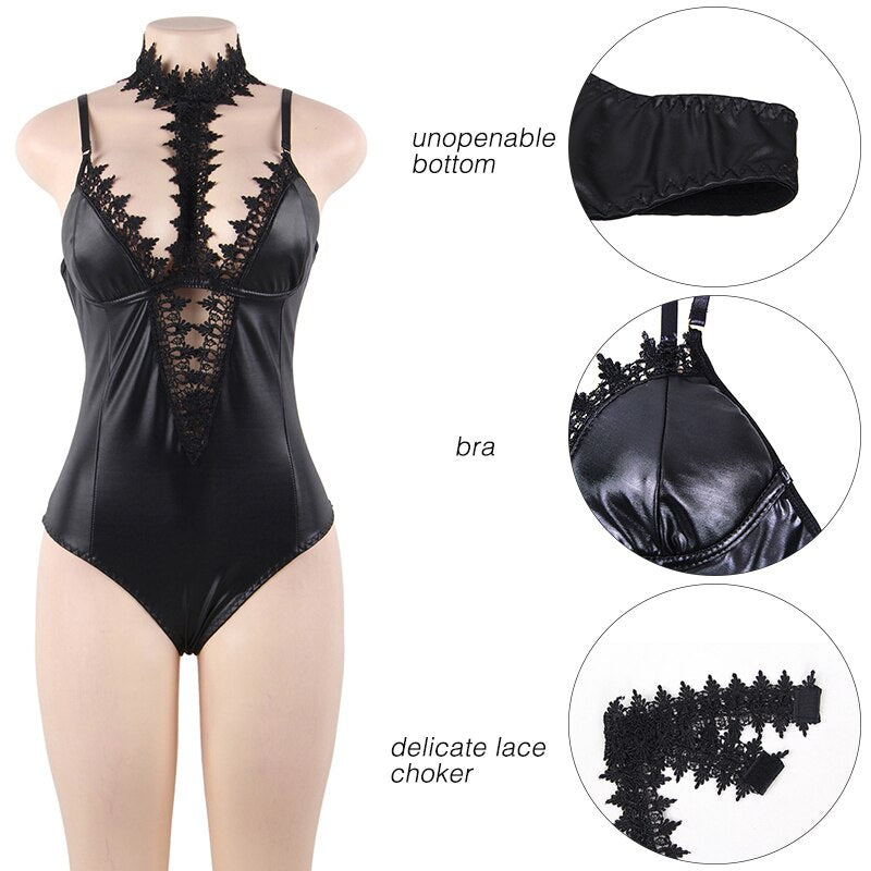 Faux Leather Latex Bodysuit - Qetesh Lingerie