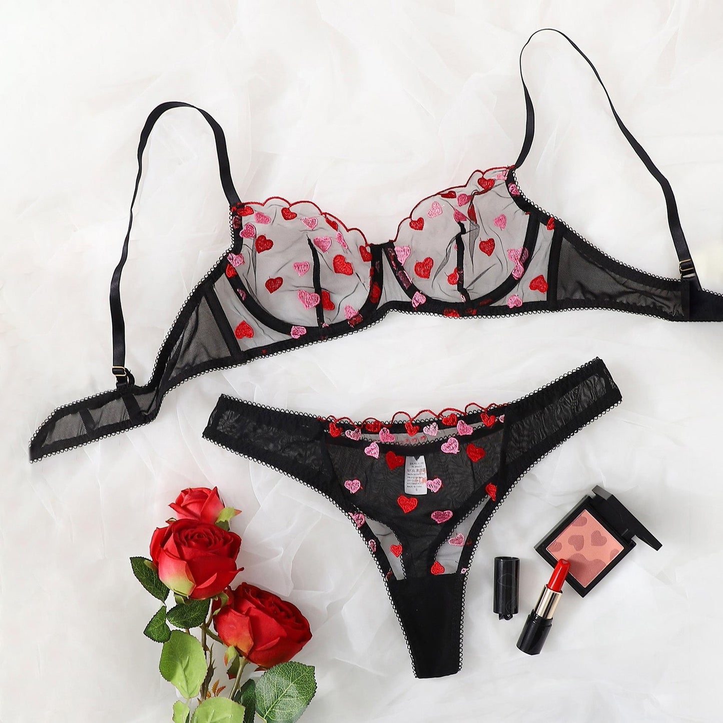 Love Embroidery Bra And Panty Set - Qetesh Lingerie