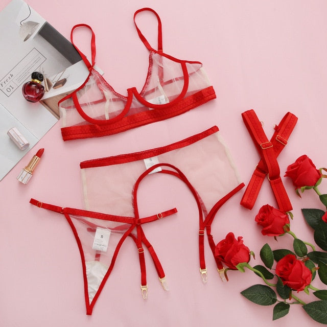 Transprent Sexy Exotic Set Thong Garter Kit - Qetesh Lingerie