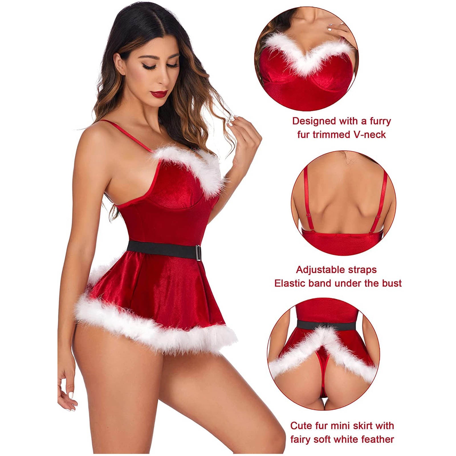 Santa Red Velvet Furry Mini Dress with Thong - Qetesh Lingerie