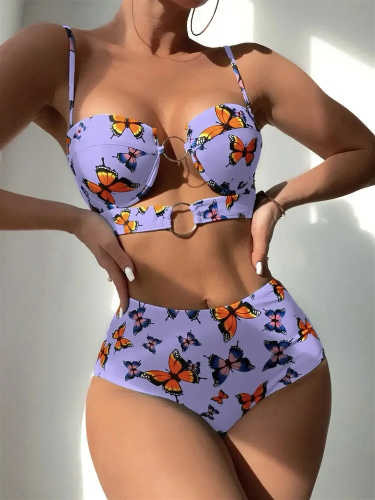 Sexy Underwire Bikini Women Butterfly Print Hollow Out Ring Linked High Waist Swimsuit 2024 Beach Push Up Bathing Suit Swimwear